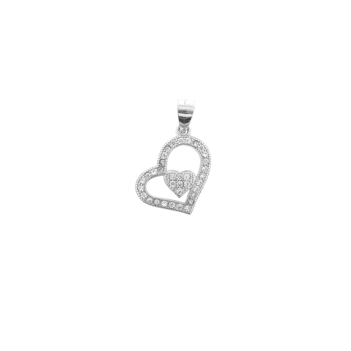 Slanted Sterling Silver Pavé Outlined Heart With Mini Center Heart Pendant