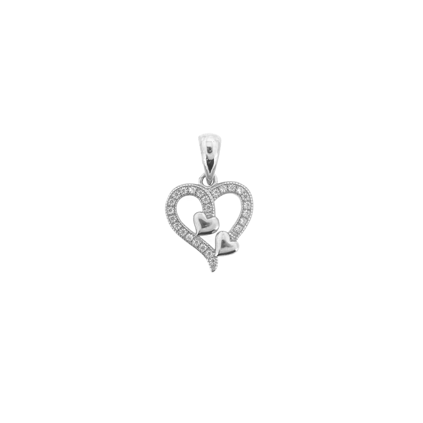 Sterling Silver Pavé Outlined Heart With Double Center Mini Hearts Necklace Set