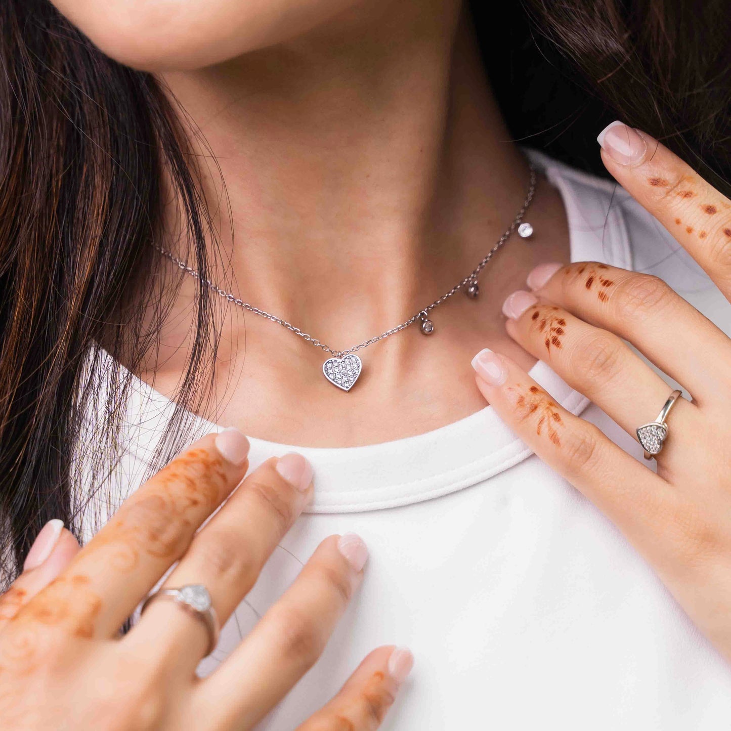 Solid Pavé Heart Charm Necklace Set