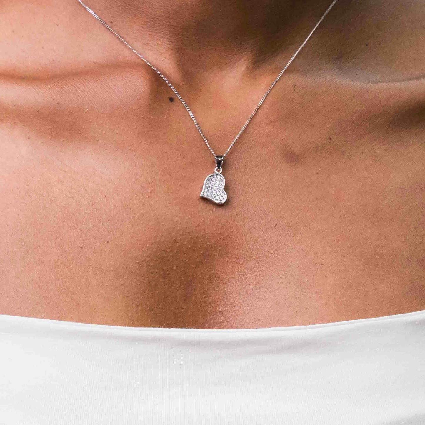 Slanted Sterling Silver Pavé Heart Pendant