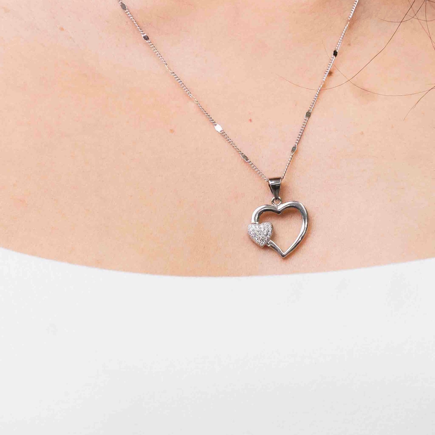 Sterling Silver Outlined Heart With Mini Pavé Heart Necklace Set