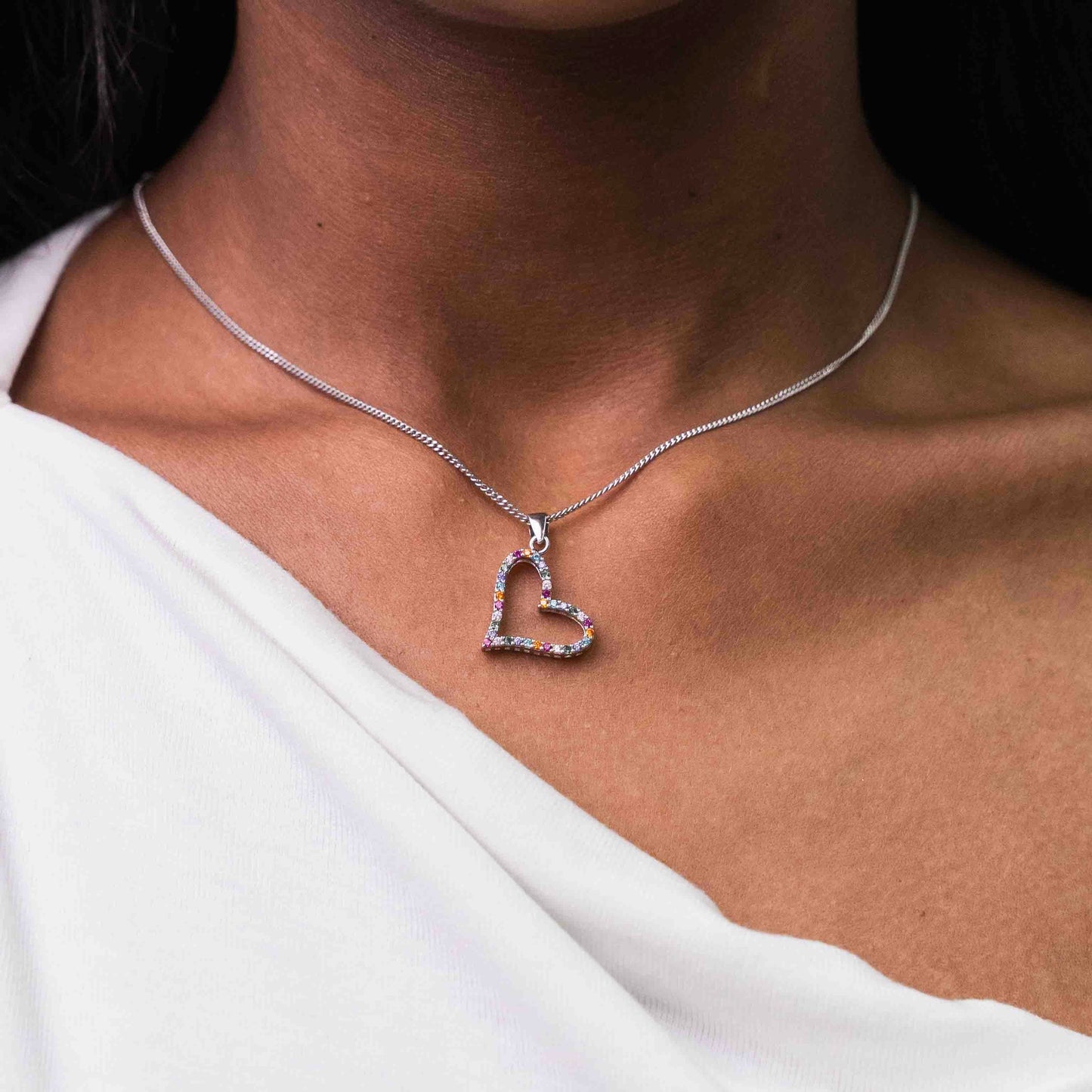 Slanted Sterling Silver Colourful Pavé Heart Necklace Set