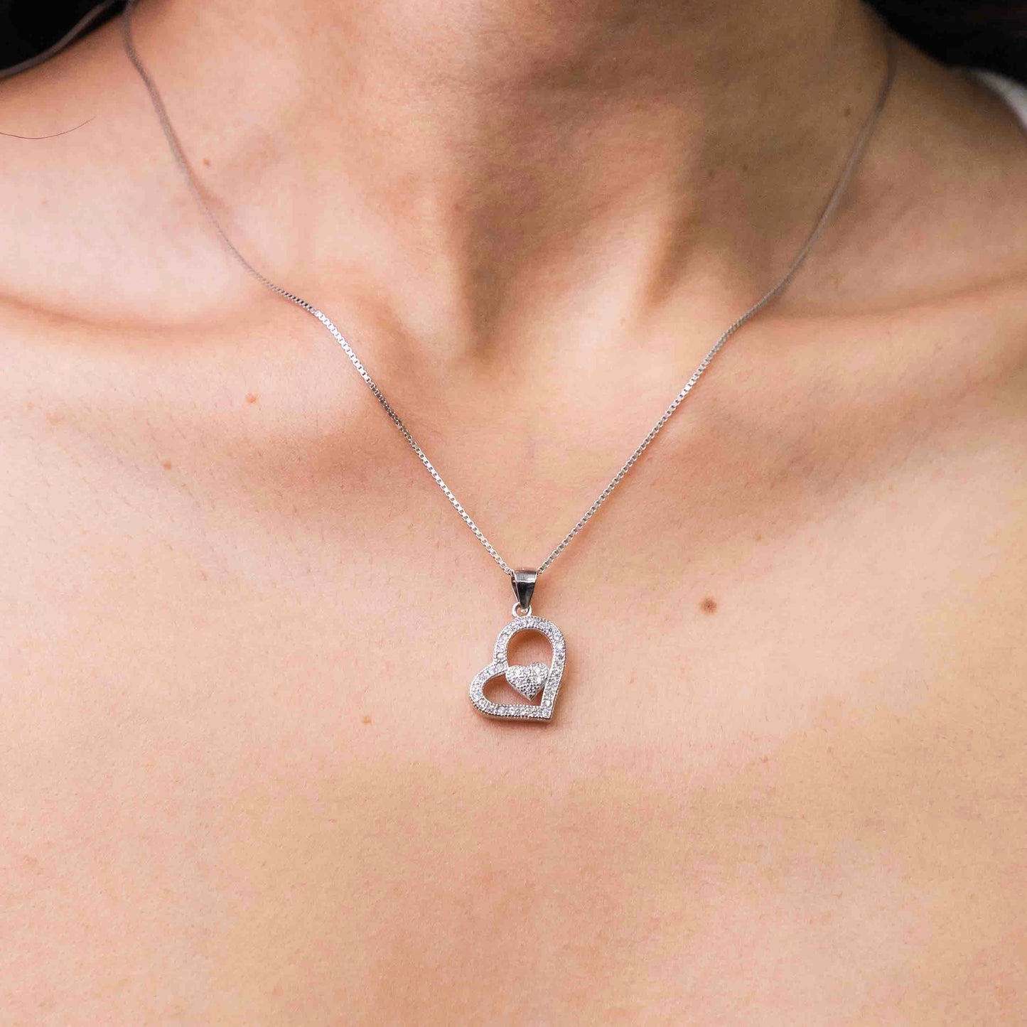 Slanted Sterling Silver Pavé Outlined Heart With Mini Center Heart Pendant