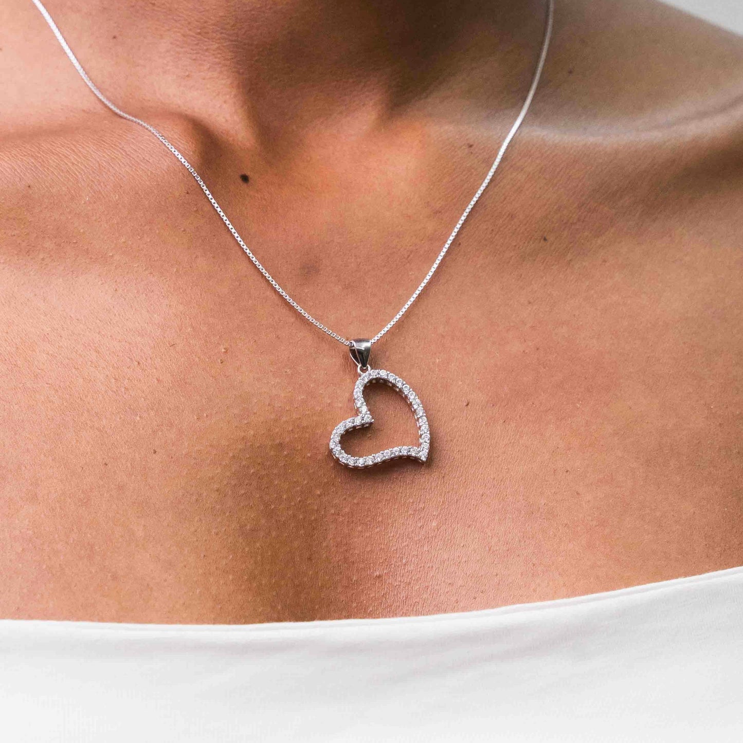 Slanted Sterling Pavé Silver Outlined Heart Necklace Set