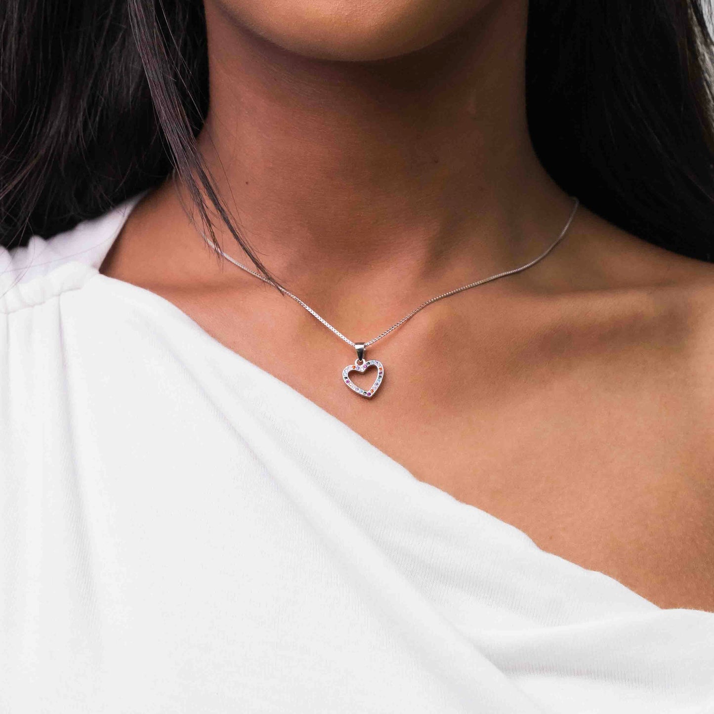 Sterling Silver Colourful Pavé Heart Necklace Set