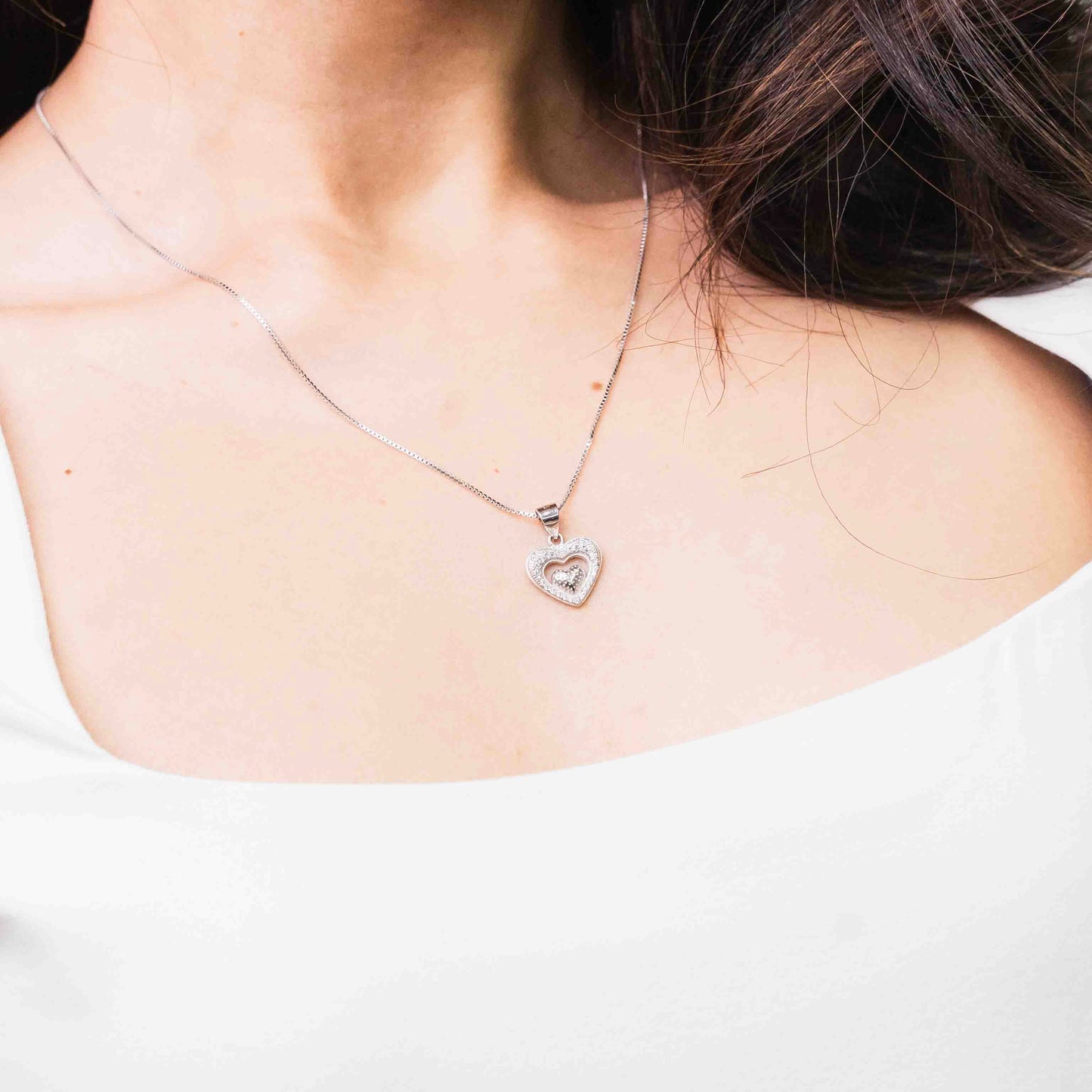 Sterling Silver Pavé Outlined Heart With Center Mini Heart Necklace Set