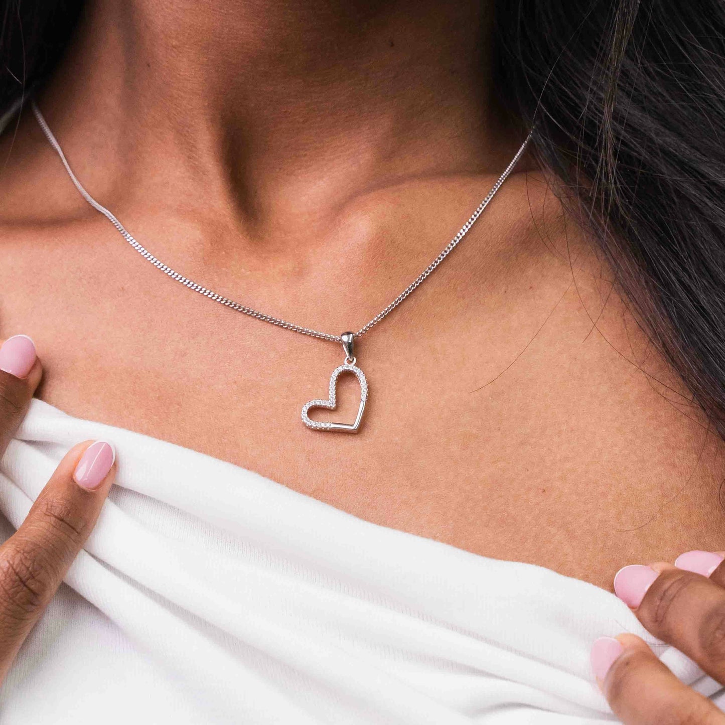 Slanted Sterling Silver Semi Pavé Outlined Heart Pendant