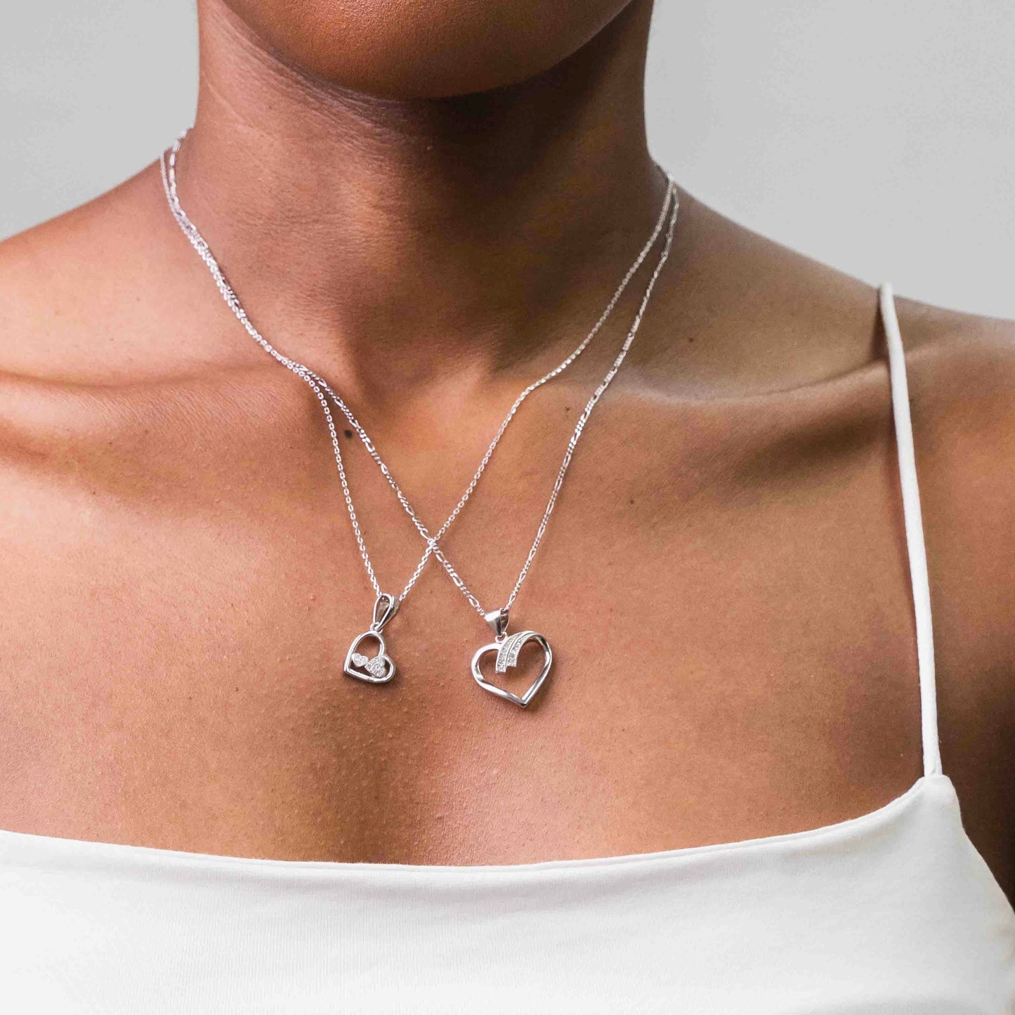 Sterling Silver Outlined Heart With Double Mini Hearts Necklace Set