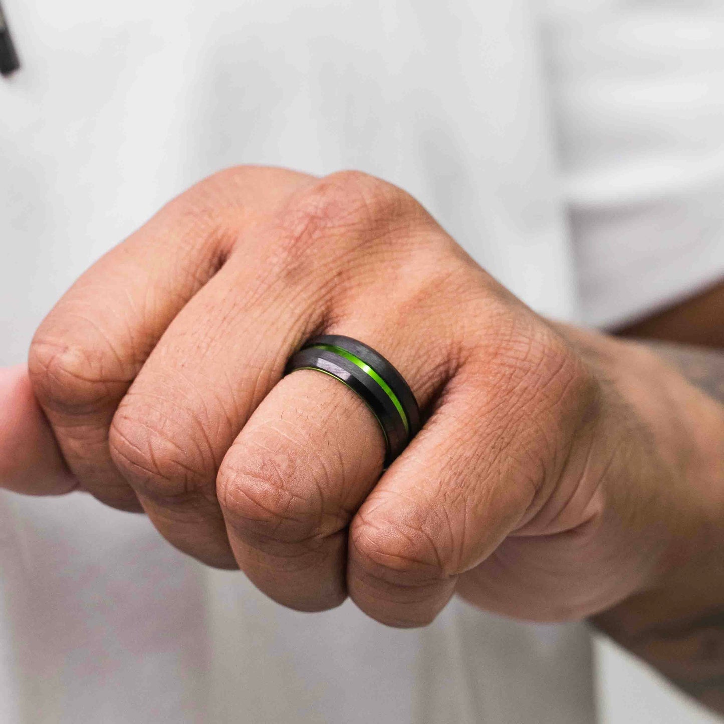 Beveled Edge Black & Green Tungsten Ring