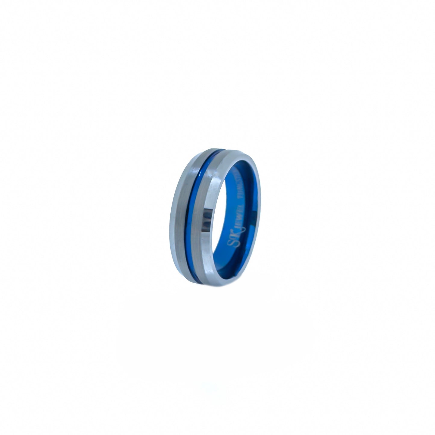 Beveled Edge Silver & Royal Blue Tungsten Ring