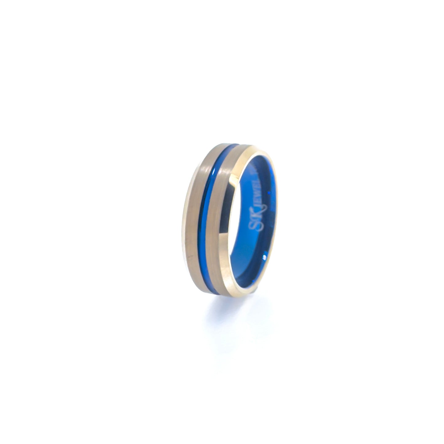 Beveled Edge Rose Gold & Royal Blue Tungsten Ring