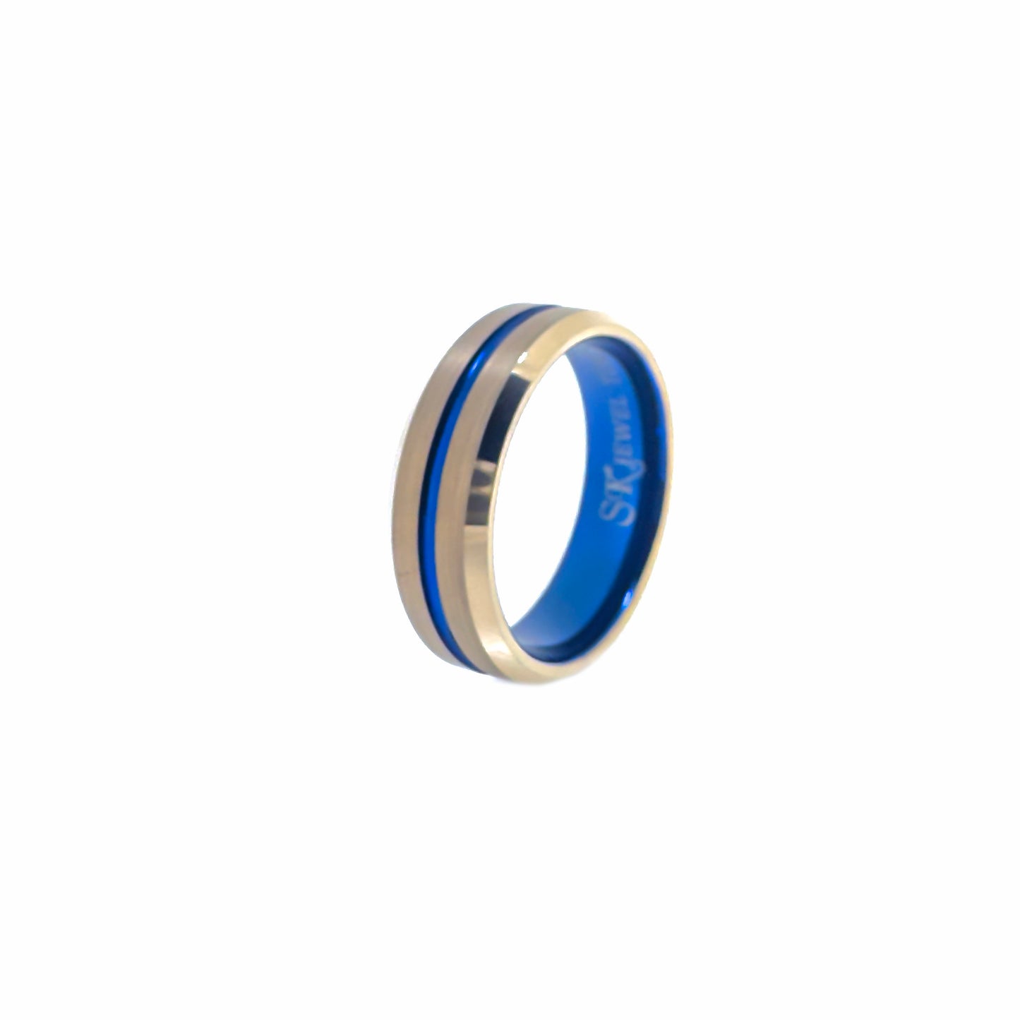Beveled Edge Rose Gold & Royal Blue Tungsten Ring