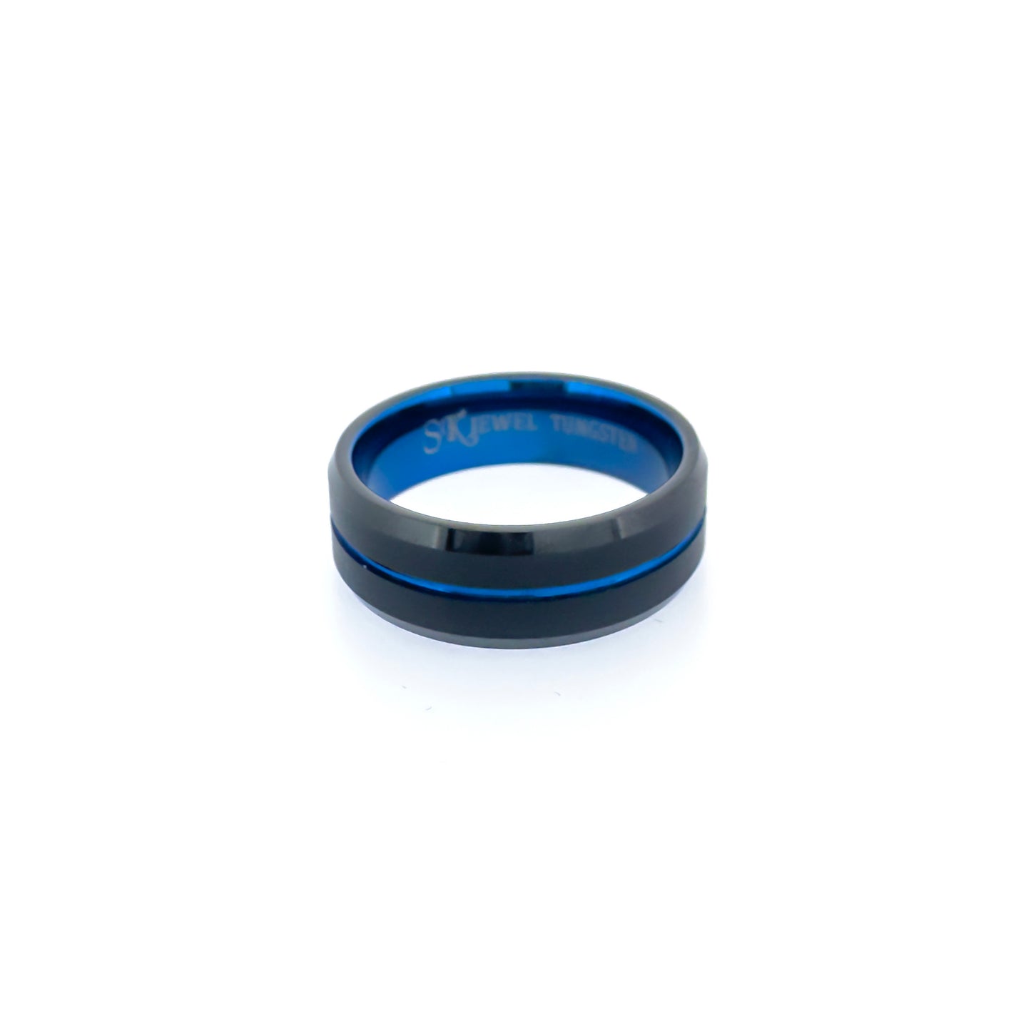 Beveled Edge Black & Royal Blue Tungsten Ring