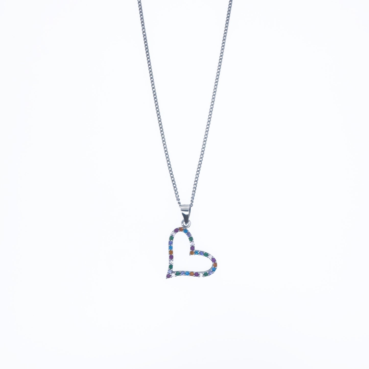 Slanted Sterling Silver Colourful Pavé Heart Necklace Set
