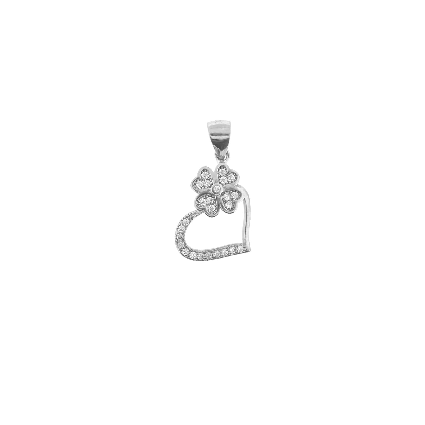 Slanted Sterling Silver Pavé Heart With Four Leaf Clover Necklace Set