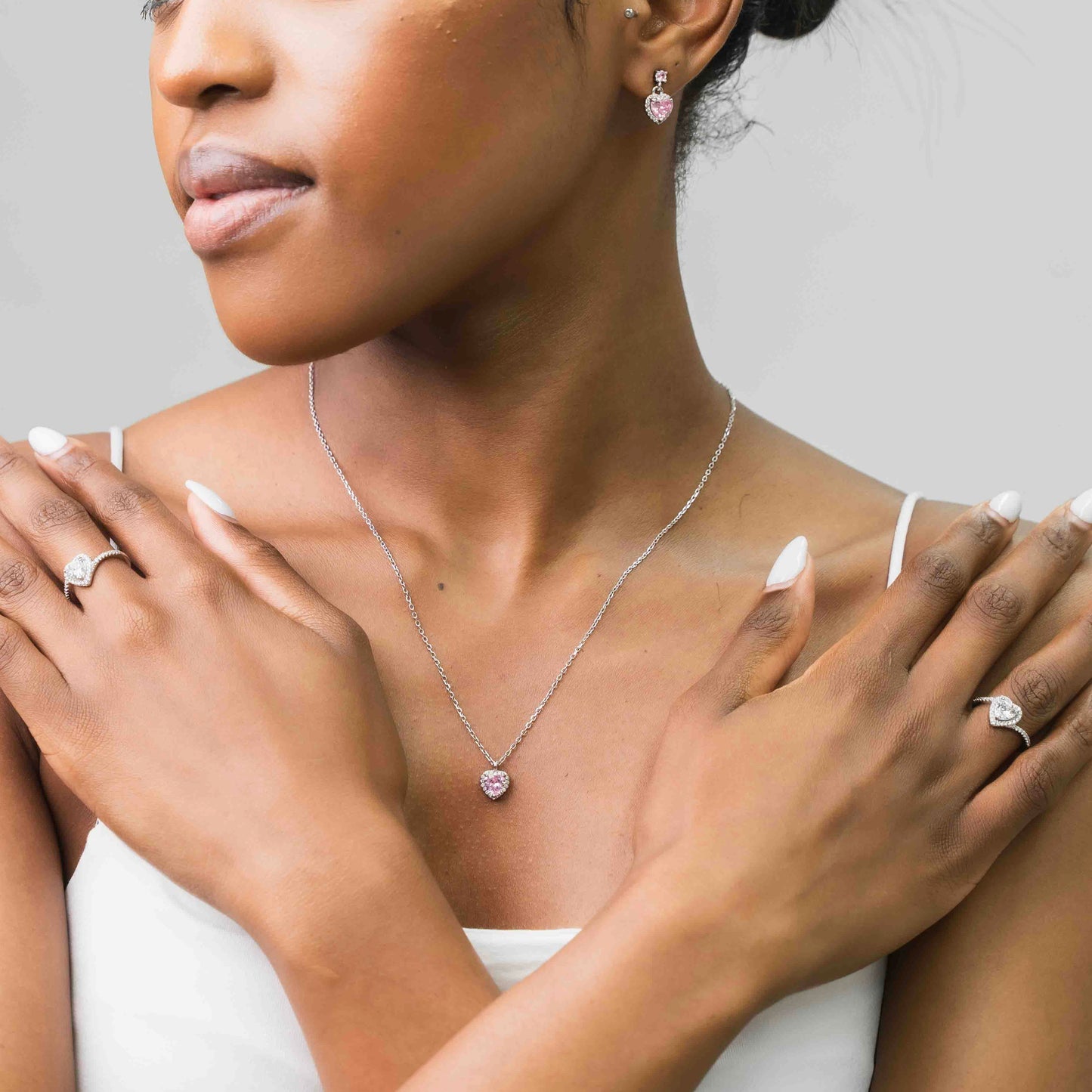 Sterling Silver Pink Heart Necklace Set With Earrings