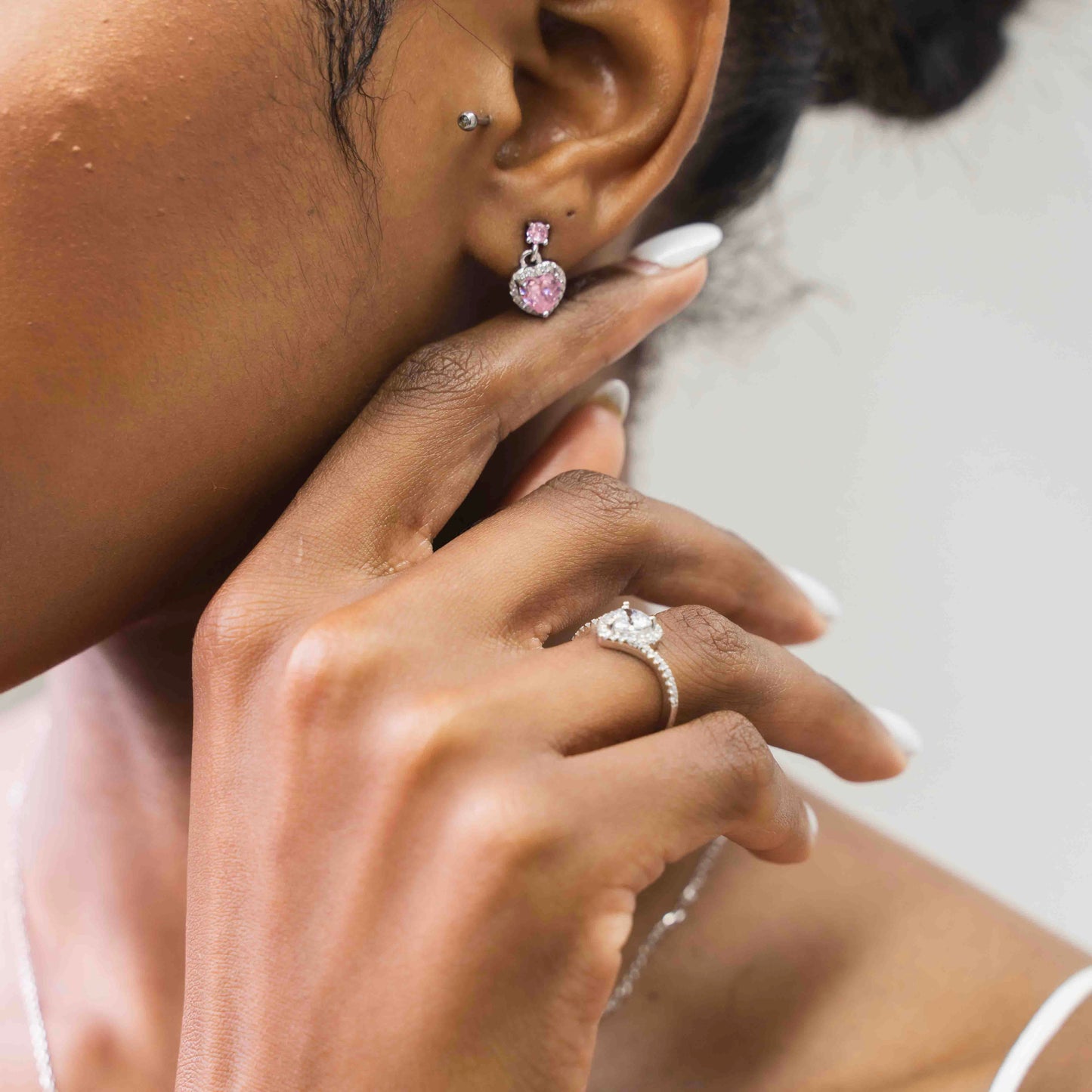 Sterling Silver Pink Heart Necklace Set With Earrings