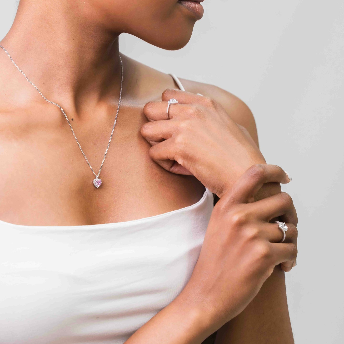 Sterling Silver Pink Heart Necklace Set With Earrings