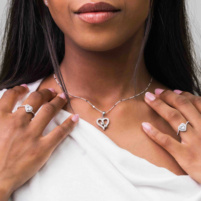Sterling Silver Pavé Outlined Heart With Double Center Mini Hearts Necklace Set