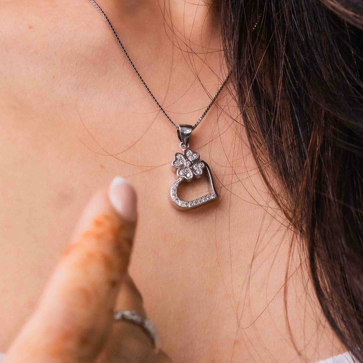 Slanted Sterling Silver Pavé Heart With Four Leaf Clover Pendant