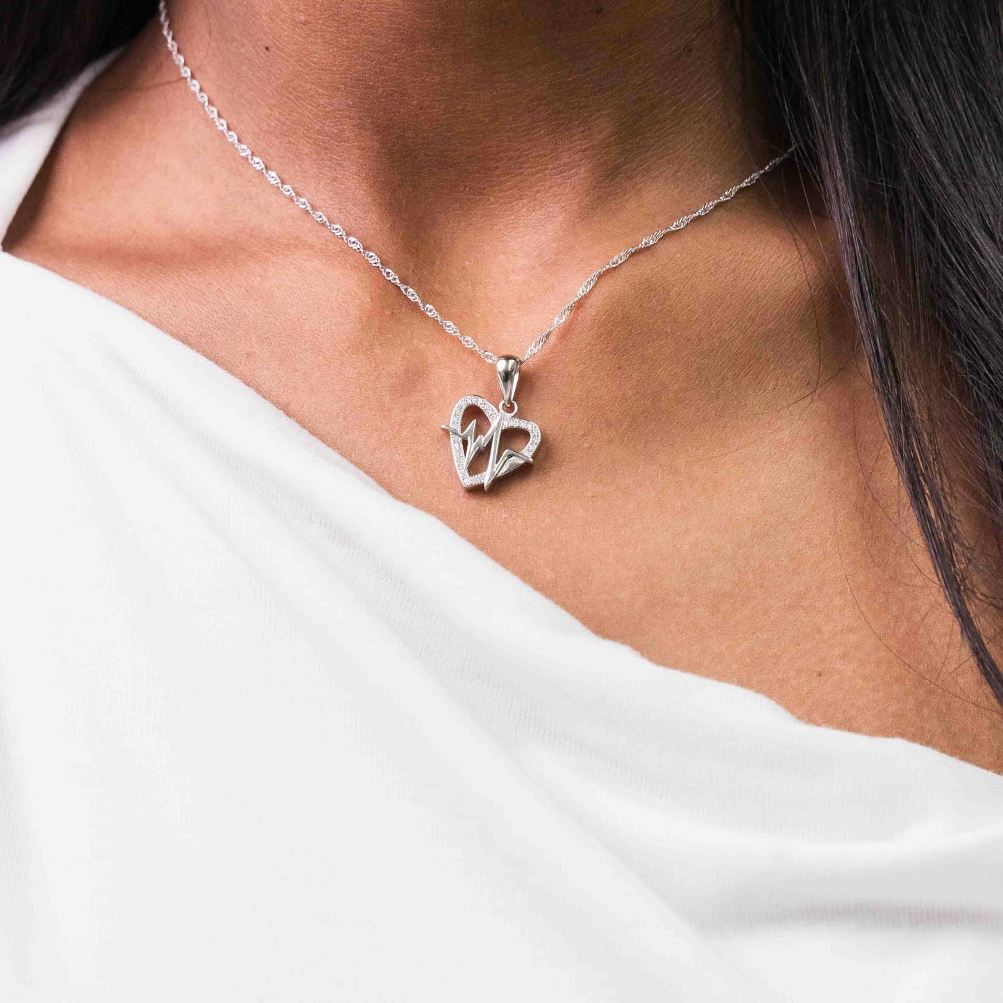 Sterling Silver Pavé Heartbeat Necklace Set