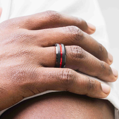 Beveled Edge Black & Red Tungsten Ring