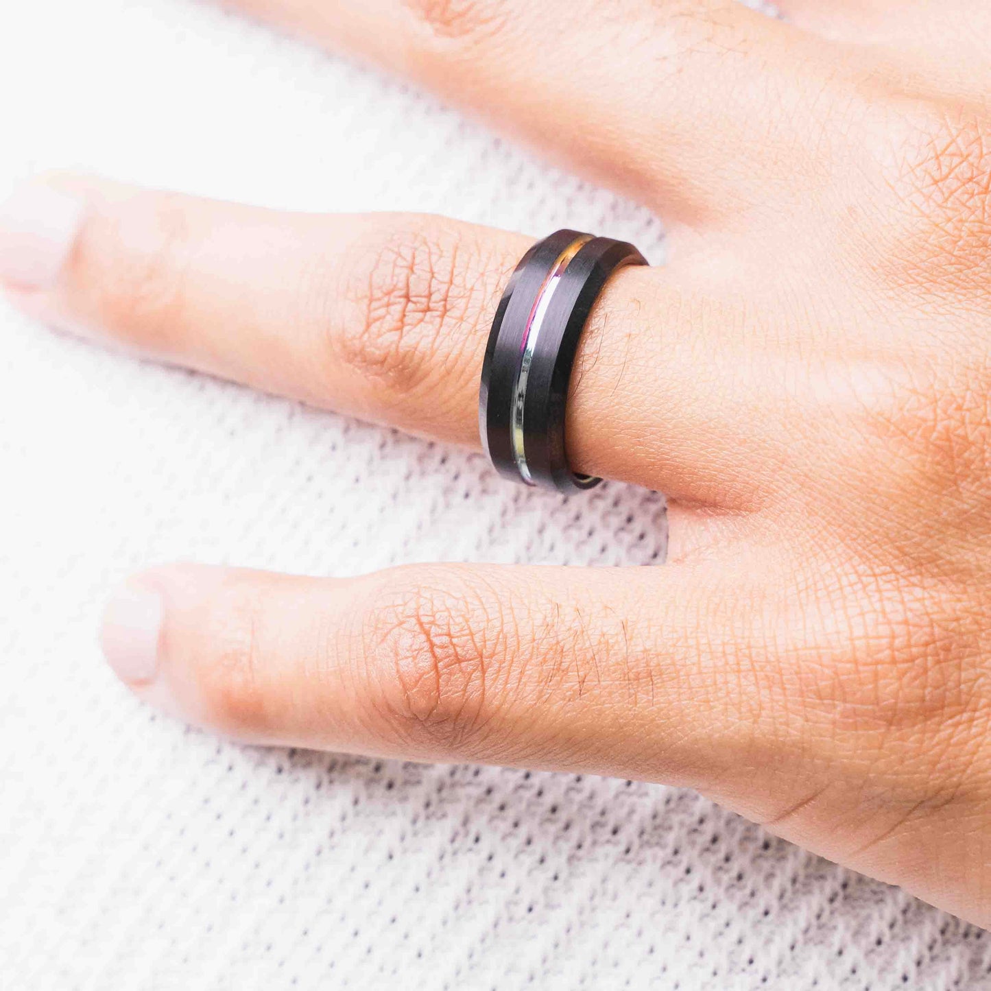 Beveled Edge Black & Multicolour Tungsten Ring