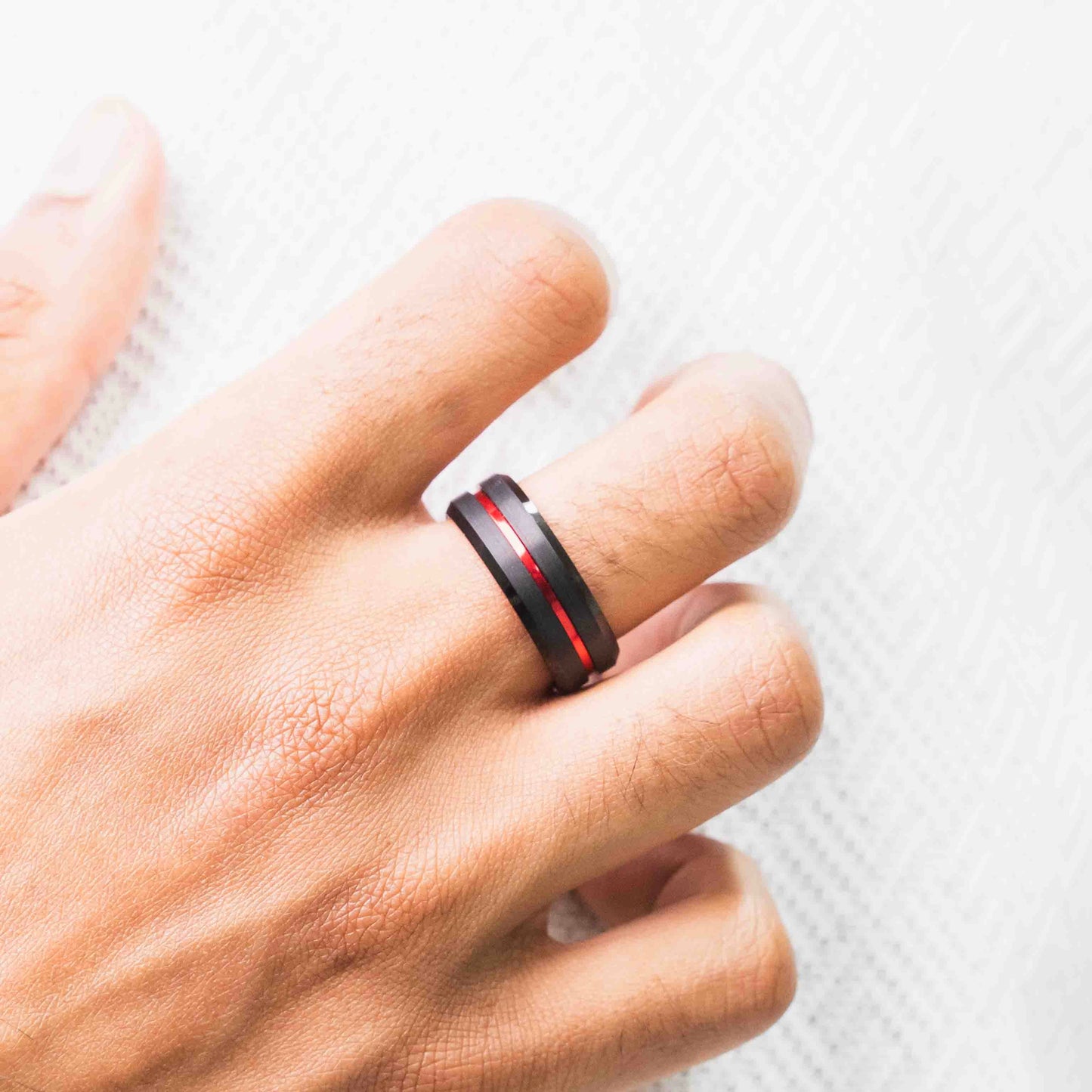 Beveled Edge Black & Red Tungsten Ring
