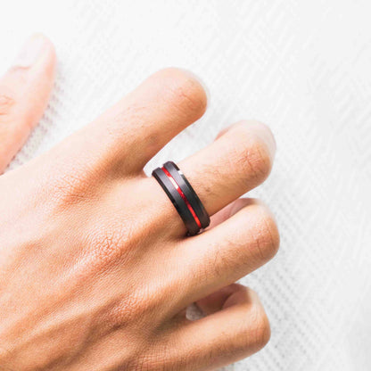 Beveled Edge Black & Red Tungsten Ring