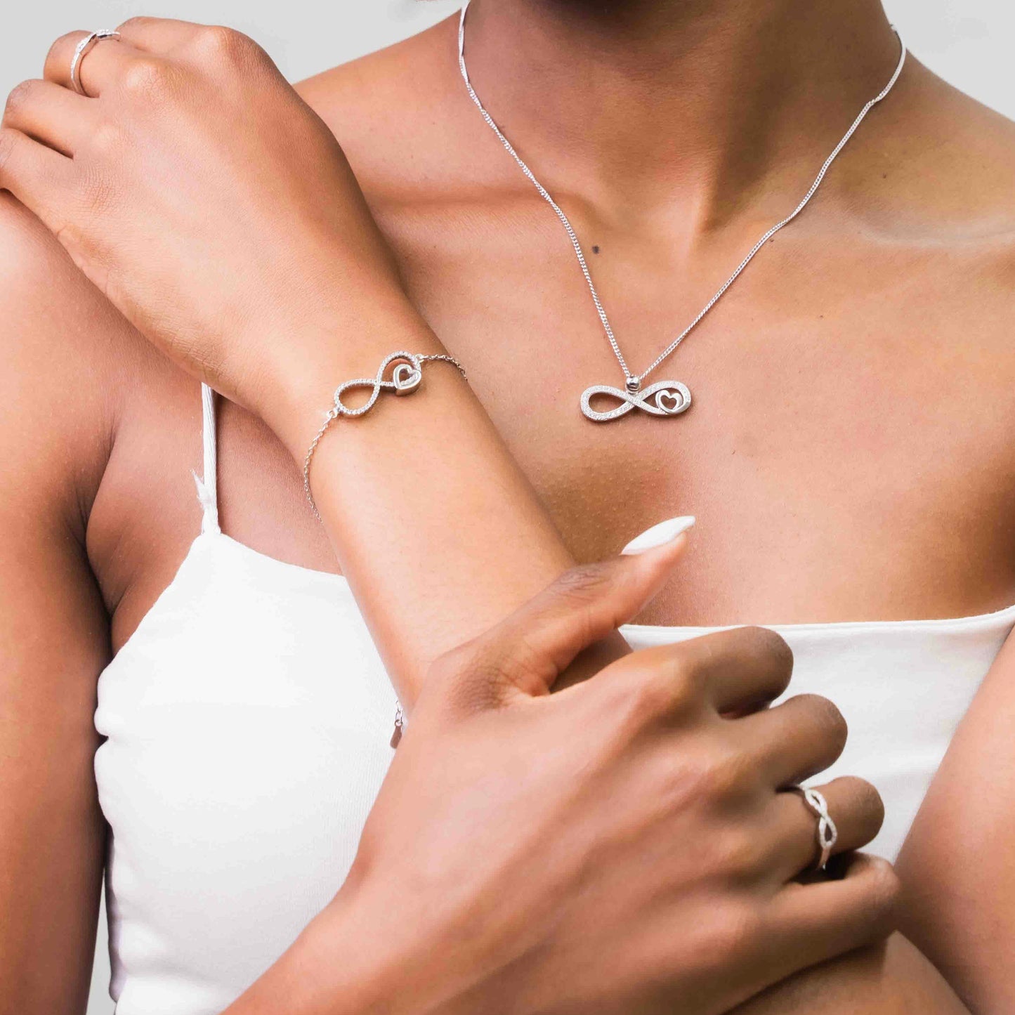 Sterling Silver Horizontal Pavé Infinity With Heart Necklace Set