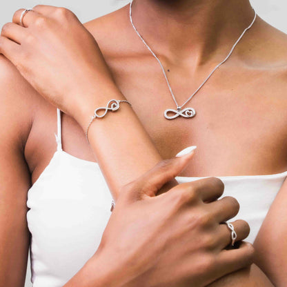 Sterling Silver Horizontal Pavé Infinity With Heart Necklace Set