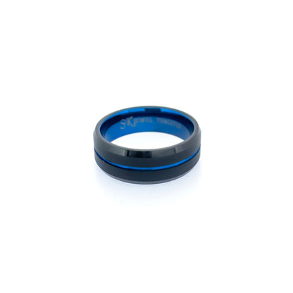 Beveled Edge Black & Royal Blue Tungsten Ring