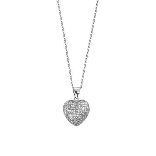3D Sterling Silver Pavé Heart Necklace Set