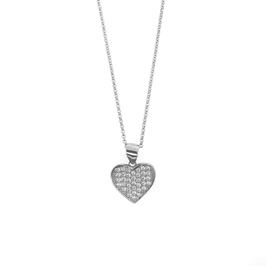 Flat Sterling Silver Pavé Heart Necklace Set