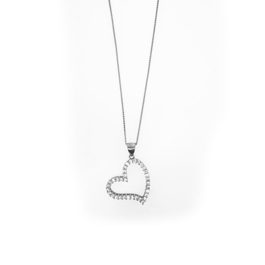 Slanted Sterling Pavé Silver Outlined Heart Necklace Set