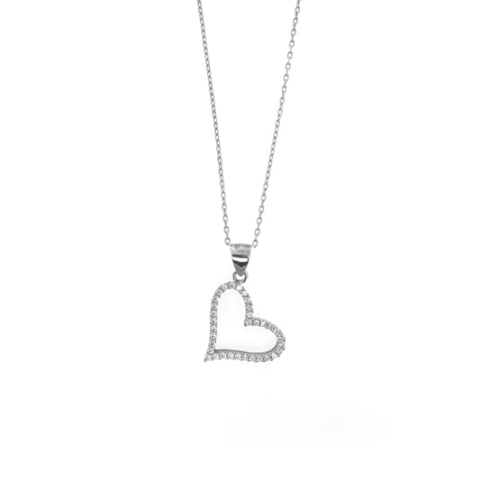 Slanted Sterling Pavé Silver Outlined Heart Necklace Set
