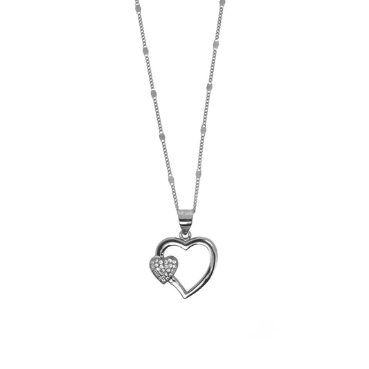 Sterling Silver Outlined Heart With Mini Pavé Heart Necklace Set