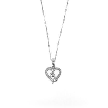 Sterling Silver Pavé Outlined Heart With Double Center Mini Hearts Necklace Set