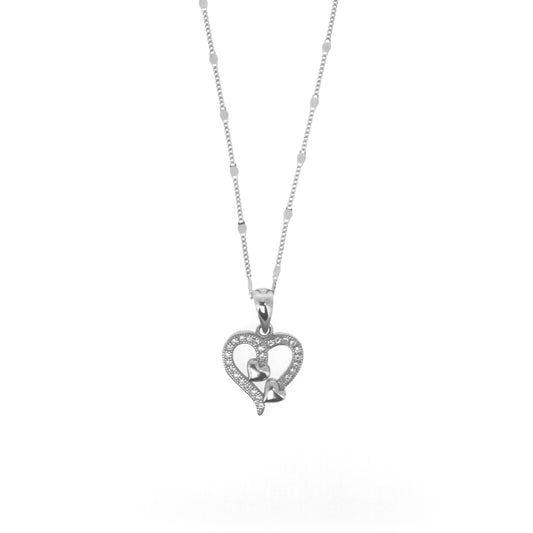 Sterling Silver Pavé Outlined Heart With Double Center Mini Hearts Necklace Set