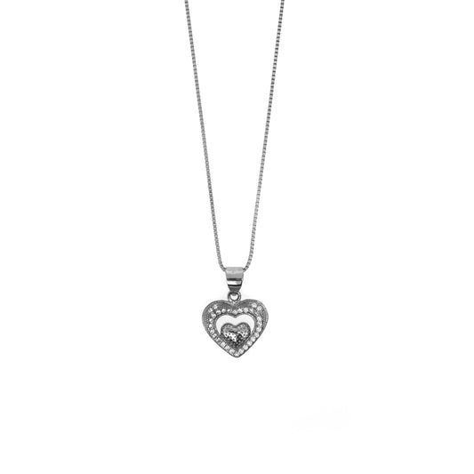 Sterling Silver Pavé Outlined Heart With Center Mini Heart Necklace Set