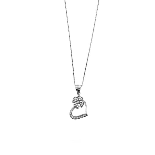 Slanted Sterling Silver Pavé Heart With Four Leaf Clover Necklace Set