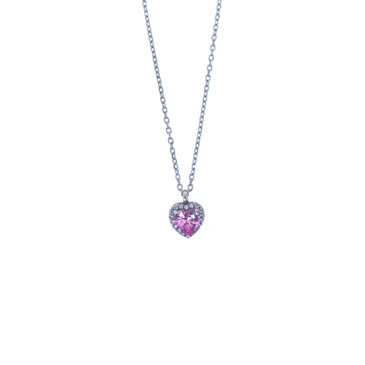Sterling Silver Pink Heart Necklace Set With Earrings