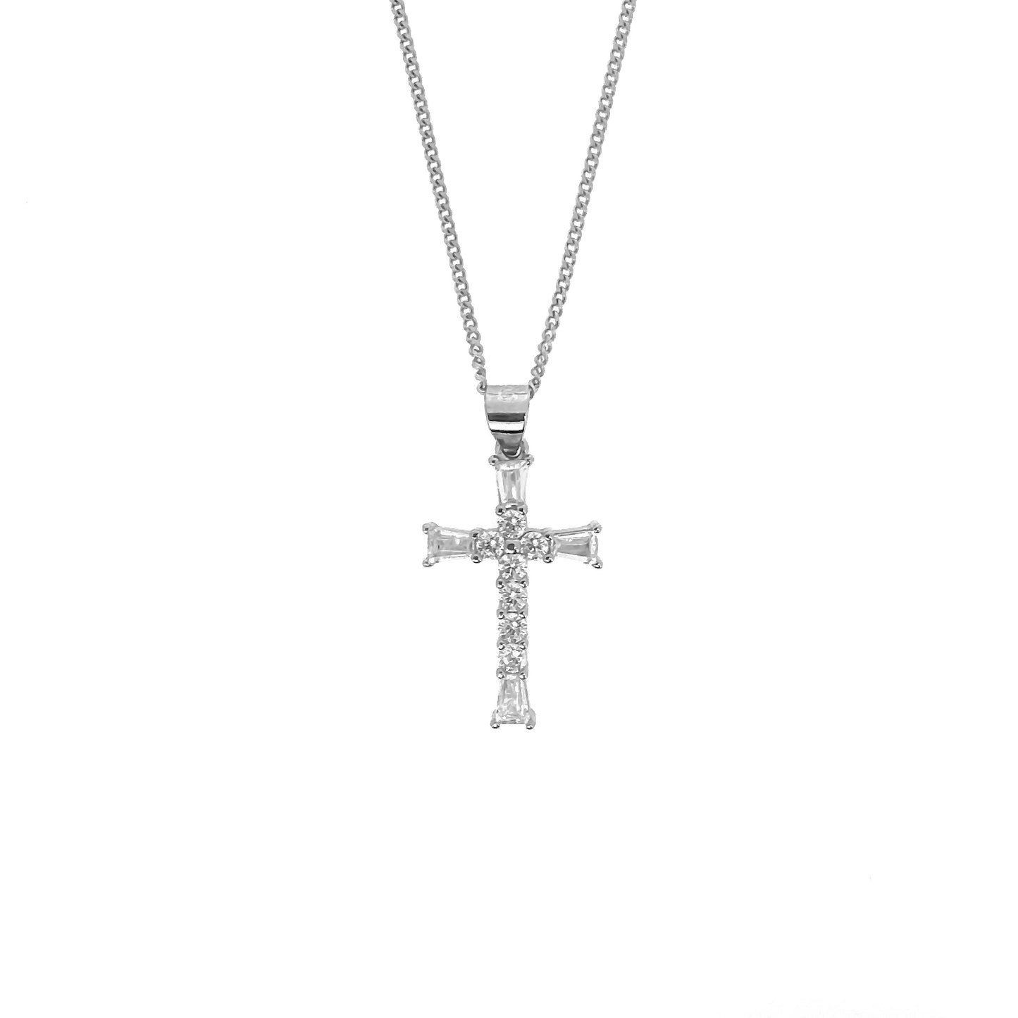 Sterling Silver Baguette Cut Cross Necklace Set