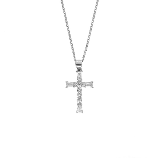 Sterling Silver Baguette Cut Cross Necklace Set