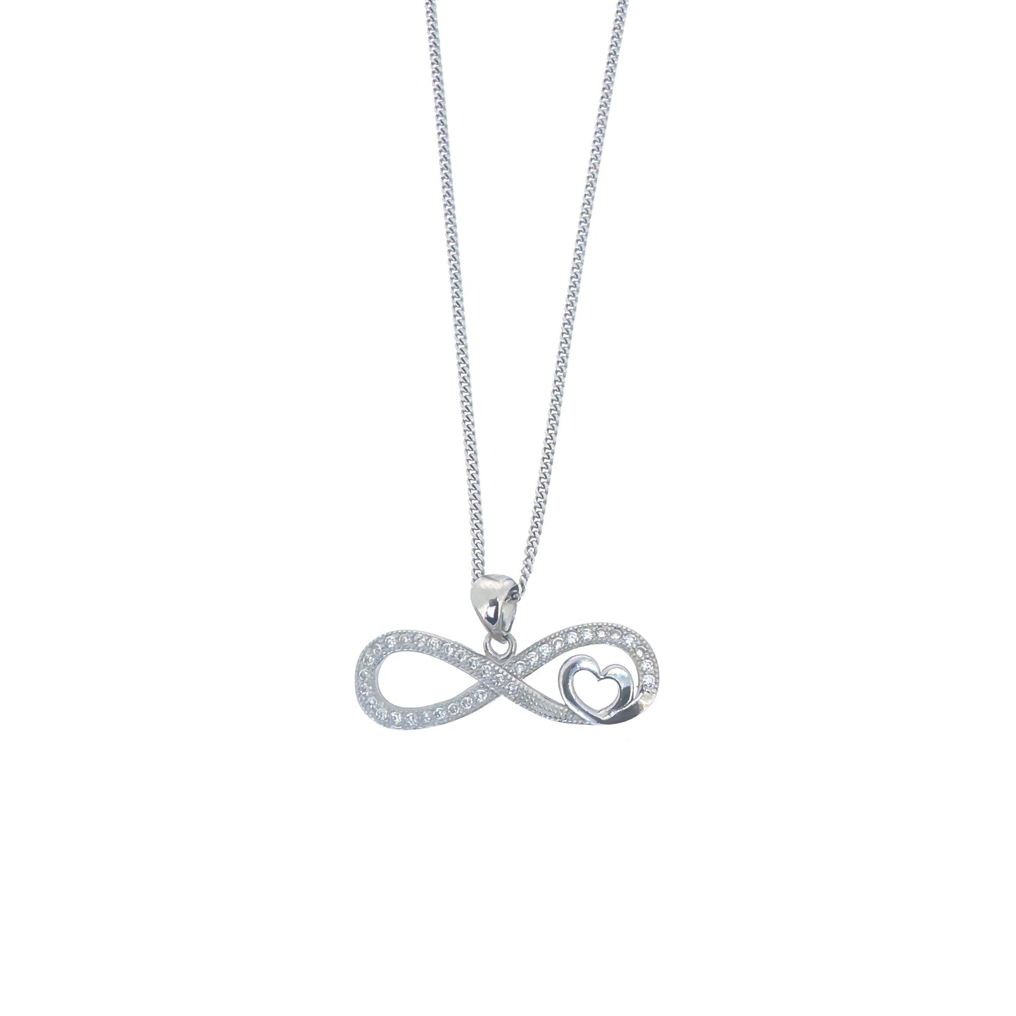 Sterling Silver Horizontal Pavé Infinity With Heart Necklace Set