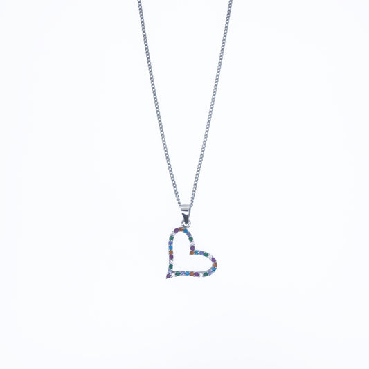 Slanted Sterling Silver Colourful Pavé Heart Necklace Set